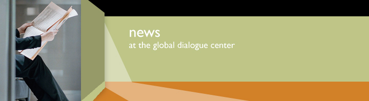 banner with the words, News at the Global Dialogue Center and an image of a woman reading the paper