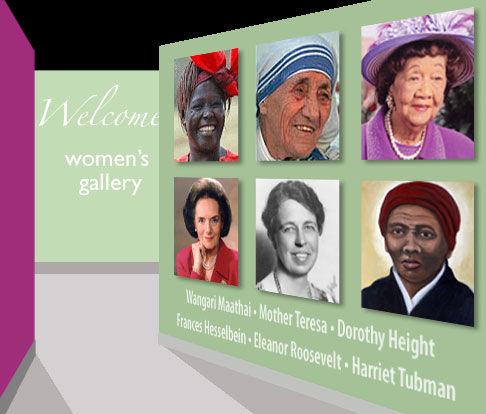 an image of the entrance to the Women in the Lead Women's Gallery with photos of Dorothy Height, Mother Teresa and others on the wall